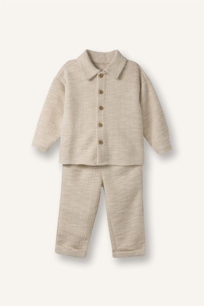 2'li Takım Dokulu Kumaş Gömlek Pantolon Erkek Bebek