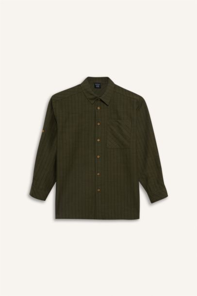 Oversıze Gömlek Yaka Çizgili Poplin Uzun Kollu Gömlek Erkek Çocuk