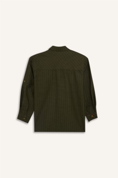 Oversıze Gömlek Yaka Çizgili Poplin Uzun Kollu Gömlek Erkek Çocuk