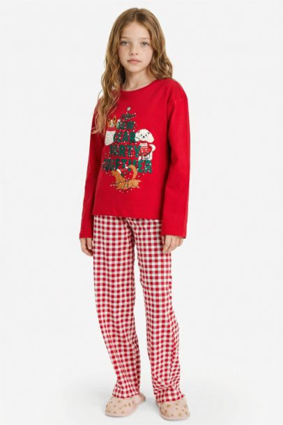 Yılbaşı Temalı Pijama Takımı Uzun Kollu Üst Uzun Alt Kız Çocuk