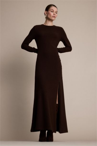 Bisiklet Yaka Yırtmaçlı Uzun Kollu Midi Elbise