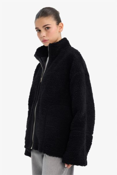 Oversize Geniş Kalıp Dik Yaka Fermuarlı Pelüş Hırka