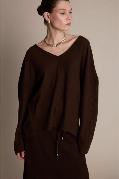 Relaxed Fit Ribbed V-Neck Sweatshirt