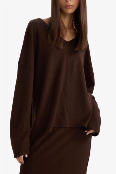 Relaxed Fit Ribbed V-Neck Sweatshirt