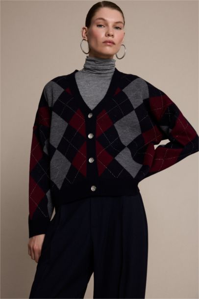 Cardigan en maille boutonné à col V motif losange Coupe régulière