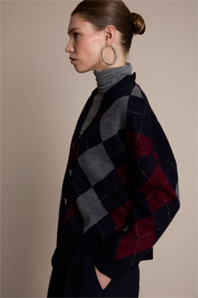 Cardigan en maille boutonné à col V motif losange Coupe régulière