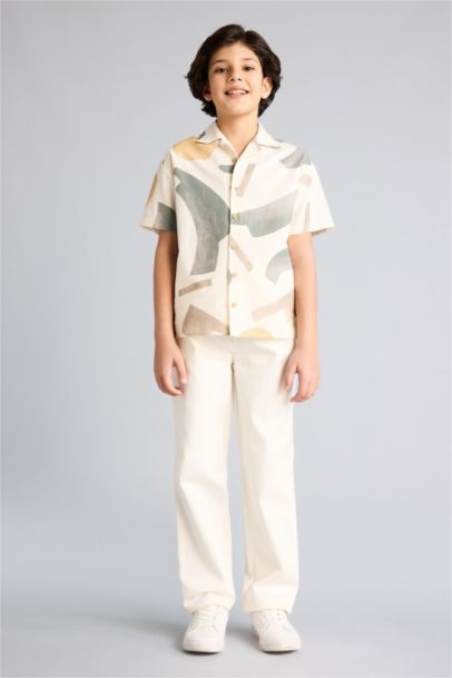 Boy Oversize Fit Polo Collar Tropical Print Shirt