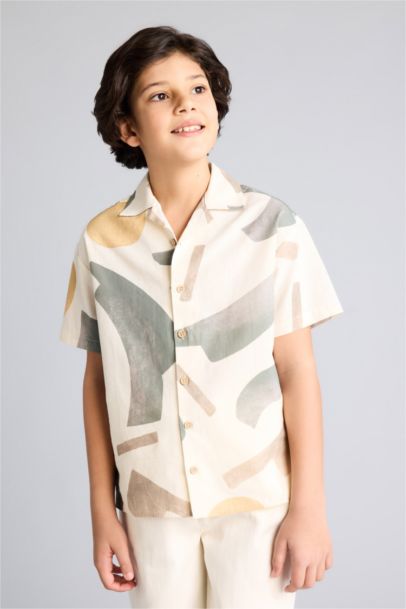 Boy Oversize Fit Polo Collar Tropical Print Shirt
