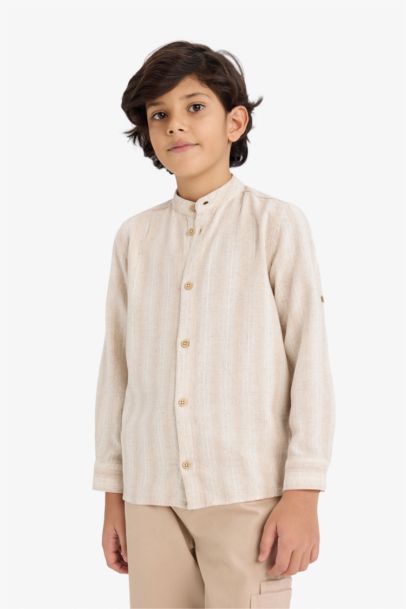 Boy Long Sleeves Stand Collar Striped Shirt