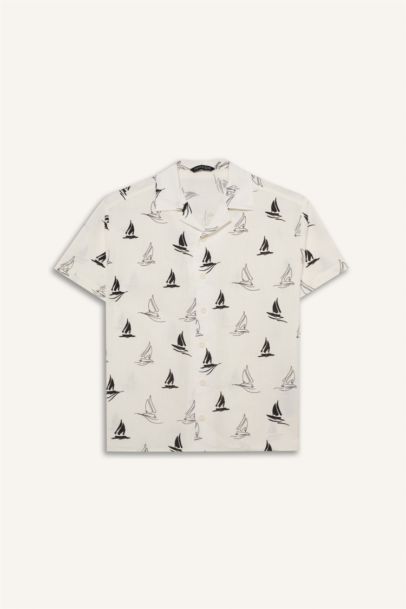 Oversıze Polo Yaka Tropikal Desenli Baskılı Kumaş Kısa Kollu Gömlek Erkek Çocuk