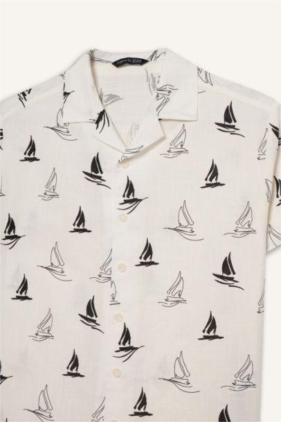 Oversıze Polo Yaka Tropikal Desenli Baskılı Kumaş Kısa Kollu Gömlek Erkek Çocuk