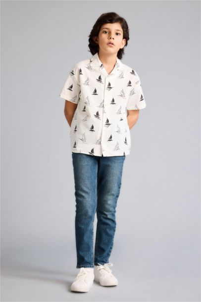 Boy Polo Neck Tropical Pattern Printed Fabric Oversize Shirt