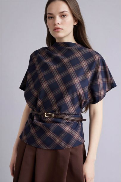 Slim Fit High Neck Plaid Short Sleeve Blouse