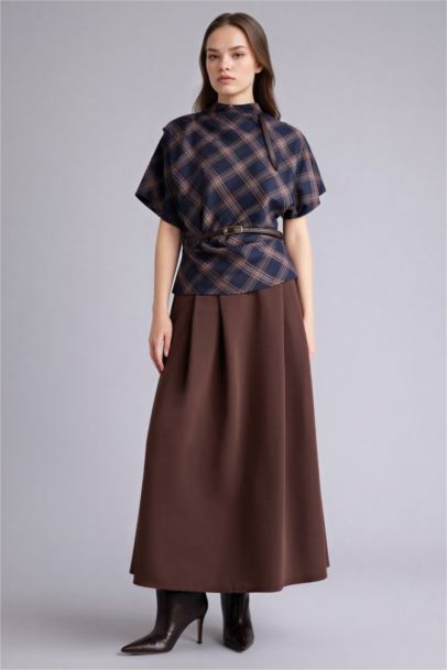 Slim Fit High Neck Plaid Short Sleeve Blouse