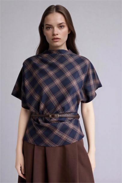 Slim Fit High Neck Plaid Short Sleeve Blouse