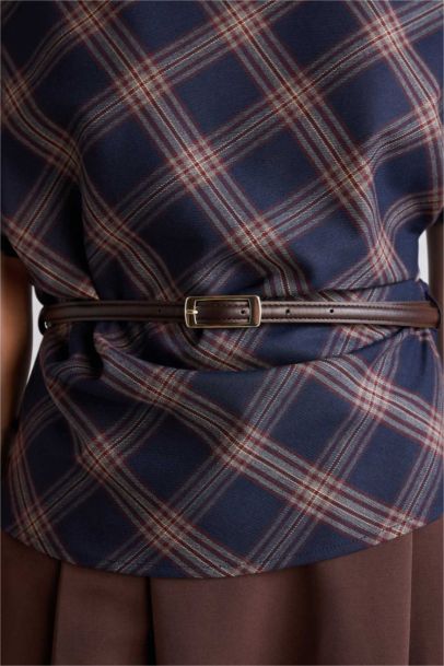 Slim Fit High Neck Plaid Short Sleeve Blouse