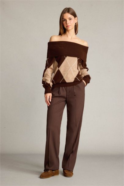 Overshirt Fit Open Shoulder Diamond Patterned Knit Pullover