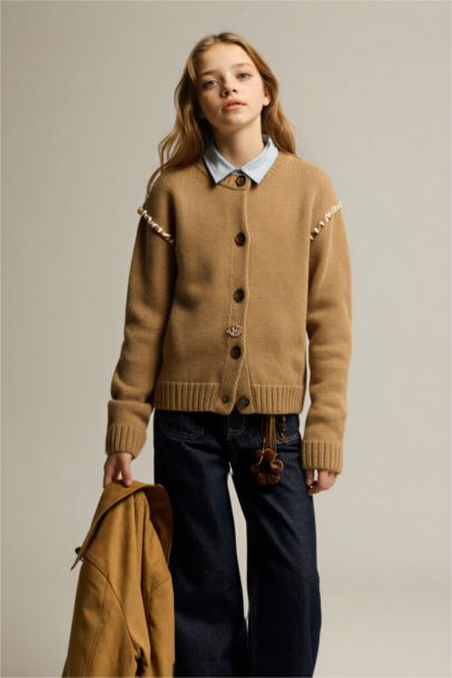 Nakışlı Bisiklet Yaka Hırka Kız Çocuk