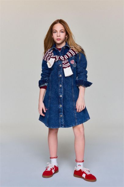 Patchlı Nakışlı Jean Elbise Kız Çocuk