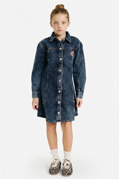 Patchlı Nakışlı Jean Elbise Kız Çocuk