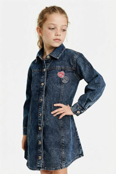 Patchlı Nakışlı Jean Elbise Kız Çocuk