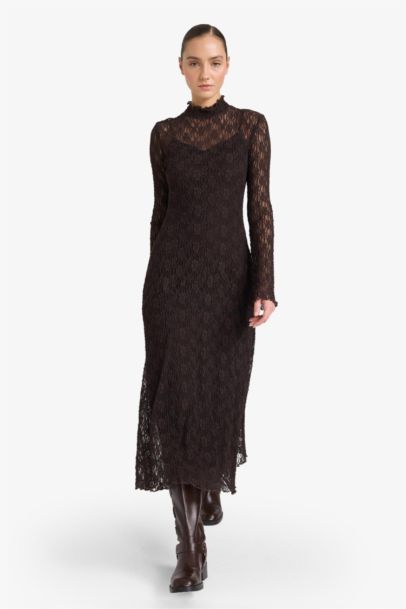 A Kesim Dik Yaka Dantel Uzun Kollu Midi Elbise