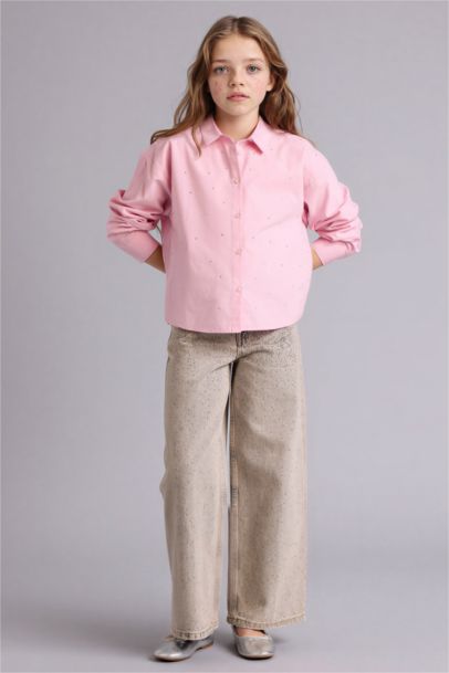 قميص بناتي كم طويل بوبلين قصة عادية