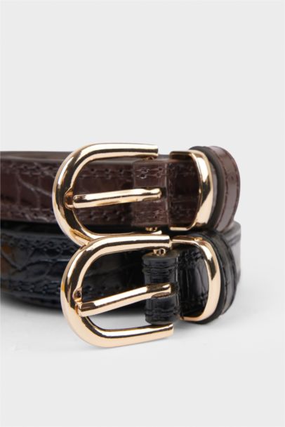 Kadın Dikdörtgen Toka Suni Deri 2'li Klasik Kemer