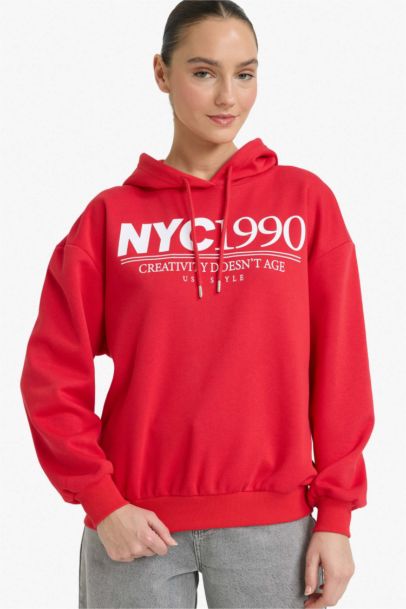 Relax Fit Hooded Printed Thick Fabric Sweatshirt