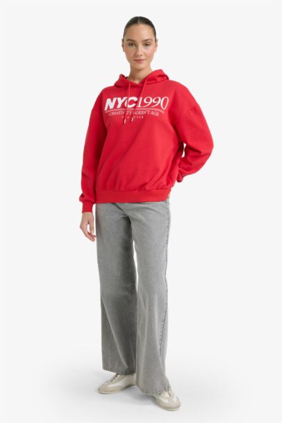 Relax Fit Hooded Printed Thick Fabric Sweatshirt