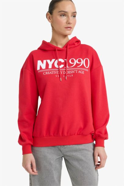 Relax Fit Hooded Printed Thick Fabric Sweatshirt