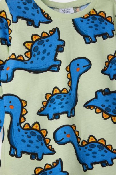 %100 Pamuklu Dinozor Desenli Beli Lastikli Pijama Takımı Erkek Bebek