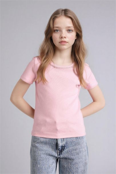 Kayık Yaka Fitilli Kaşkorse Kısa Kollu Tişört Kız Çocuk