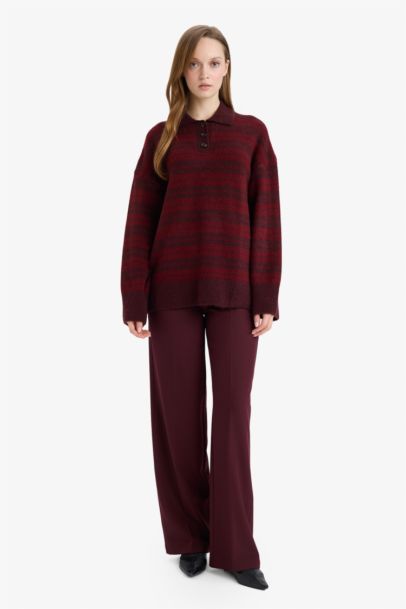 Loose Fit Polo Neck Knit Striped Tunic