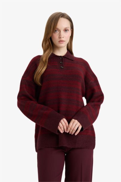 Loose Fit Polo Neck Knit Striped Tunic