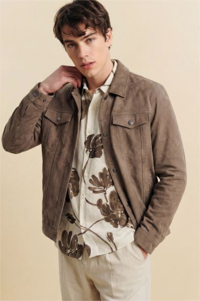 Slim Fit Lined Suede Puffer Jacket