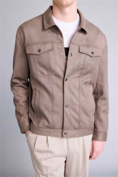 Slim Fit Lined Suede Puffer Jacket