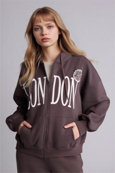 Oversize Baskılı Fermuarlı Sweatshirt