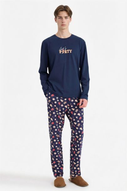 %100 Pamuk Yılbaşı Temalı Pijama Takımı Regular Fit Uzun Kollu Üst Uzun Alt