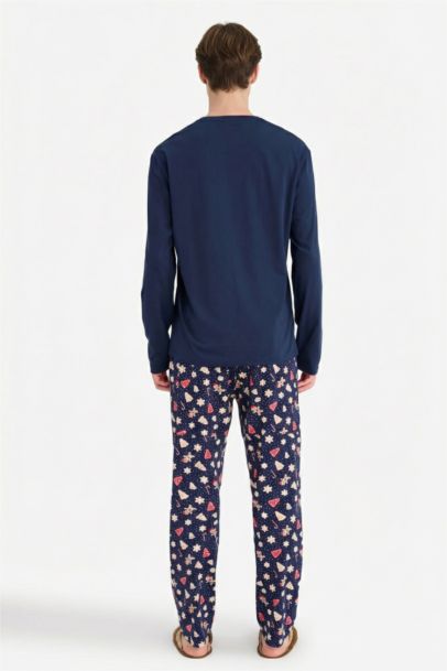 %100 Pamuk Yılbaşı Temalı Pijama Takımı Regular Fit Uzun Kollu Üst Uzun Alt