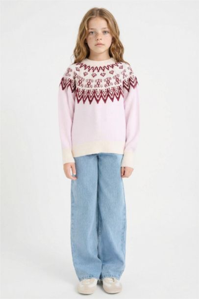 Bisiklet Yaka Desenli Triko Kazak Kız Çocuk