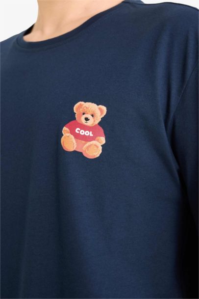 %100 Pamuk Pijama Takımı Regular Fit Ayıcıklı Uzun Kollu Üst Uzun Alt