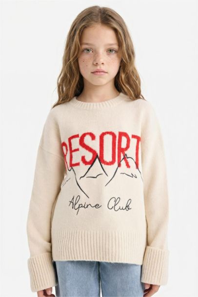 Bisiklet Yaka Baskılı Triko Kazak Kız Çocuk