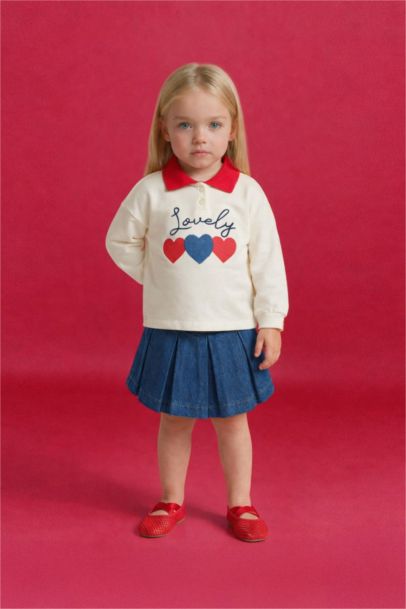 Oversıze Kalp Nakışlı Polo Yaka Sweatshırt Kız Bebek