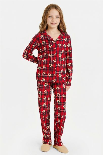 Yılbaşı Temalı Pijama Takımı Kareli Ayıcıklı Uzun Kollu Üst Uzun Alt Kız Çocuk