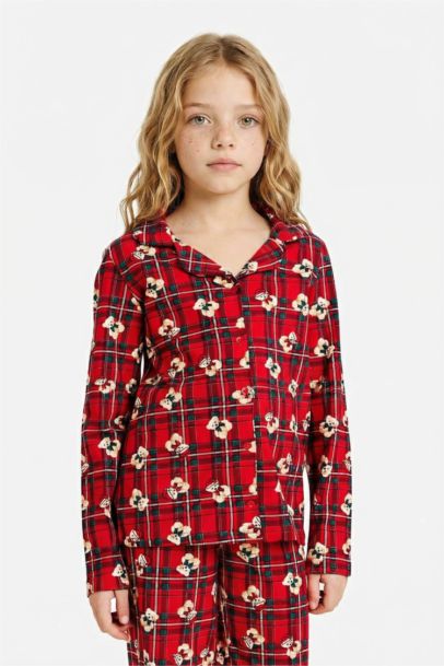 Yılbaşı Temalı Pijama Takımı Kareli Ayıcıklı Uzun Kollu Üst Uzun Alt Kız Çocuk