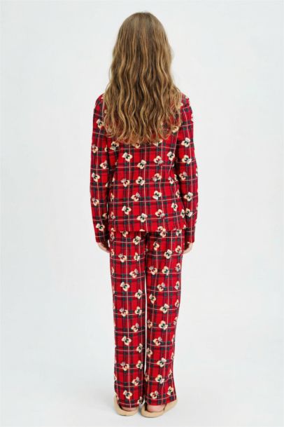 Yılbaşı Temalı Pijama Takımı Kareli Ayıcıklı Uzun Kollu Üst Uzun Alt Kız Çocuk