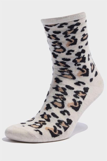 Kadın Leopar Desenli 5'li Pamuklu Uzun Çorap