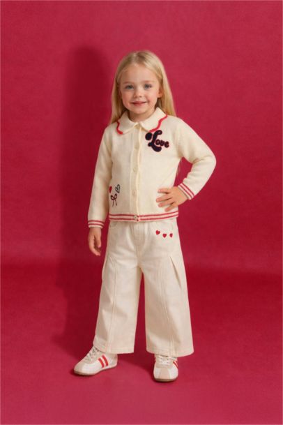 Wide Leg Nakışlı Esnek Bantlı Paça Gabardin Pantolon Kız Bebek