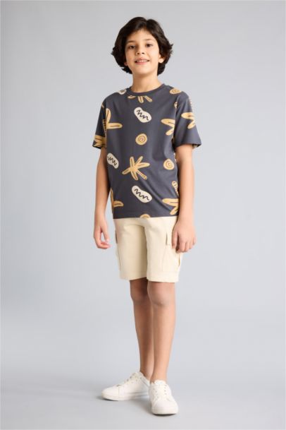 New Regular Fıt Bisiklet Yaka Floral Kısa Kollu Tişört Erkek Çocuk